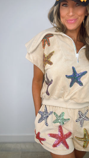 Queen of Sparkles Beige Terry Cloth Starfish Zip Collar Top (MEDIUM)