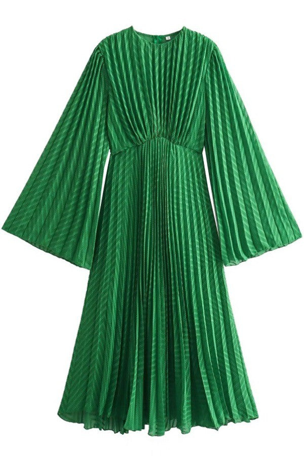 Green Pleated Wide Sleeve Midi Dress