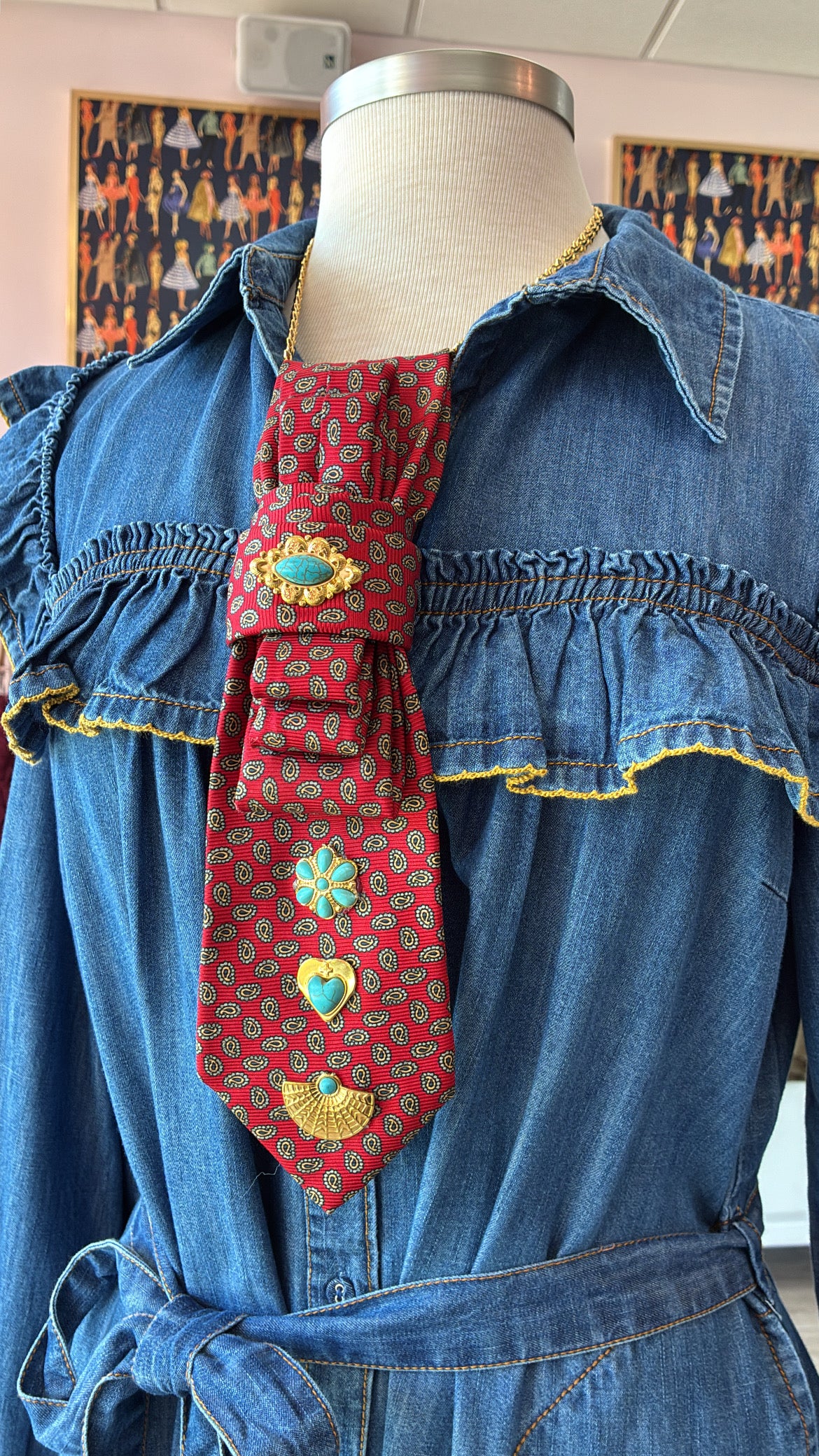 Tie Necklace | Red Paisley Tie + Western Brooches