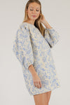 Blue Floral Jacquard Puff Sleeve Dress