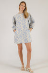 Blue Floral Jacquard Puff Sleeve Dress