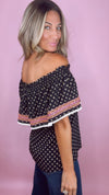 THML Off Shoulder Black Printed Top (SMALL)