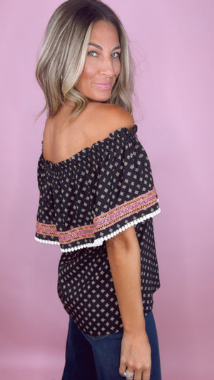 THML Off Shoulder Black Printed Top (SMALL)