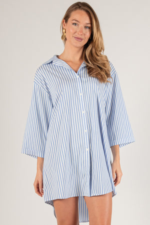 Sky Blue Oversized Stripe Button Up Dress (MEDIUM)
