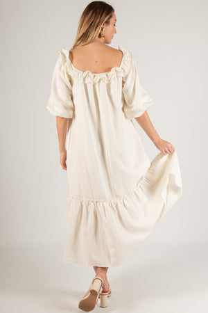 White Linen Ruffle Top Off Shoulder Maxi Dress