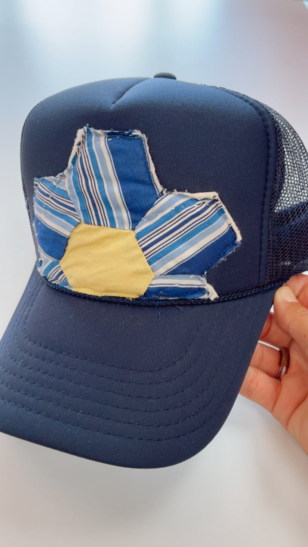 Blue Stripe Vintage Quilt Navy Hat