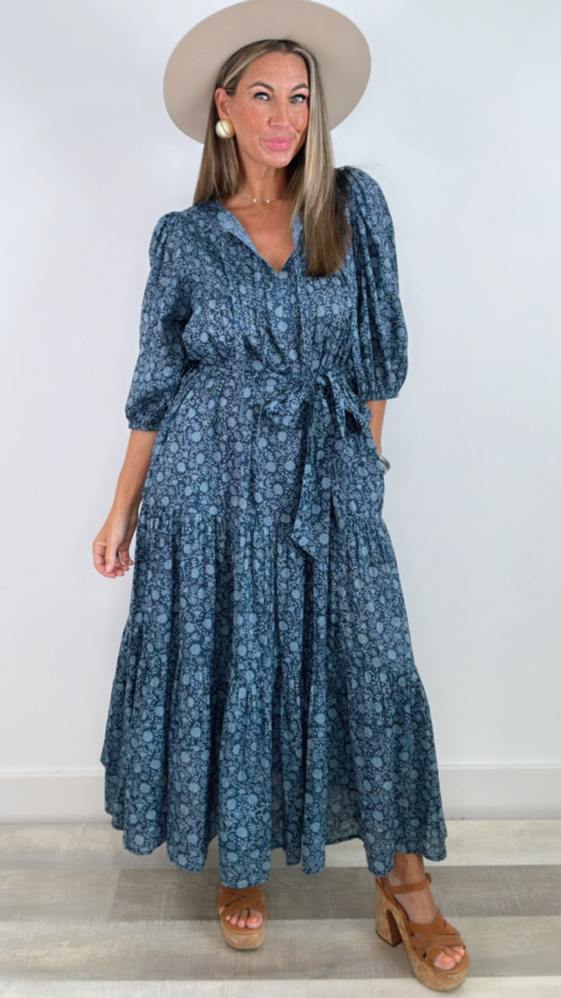 Pink Chicken Navy Garden Pintuck Indria Maxi Dress