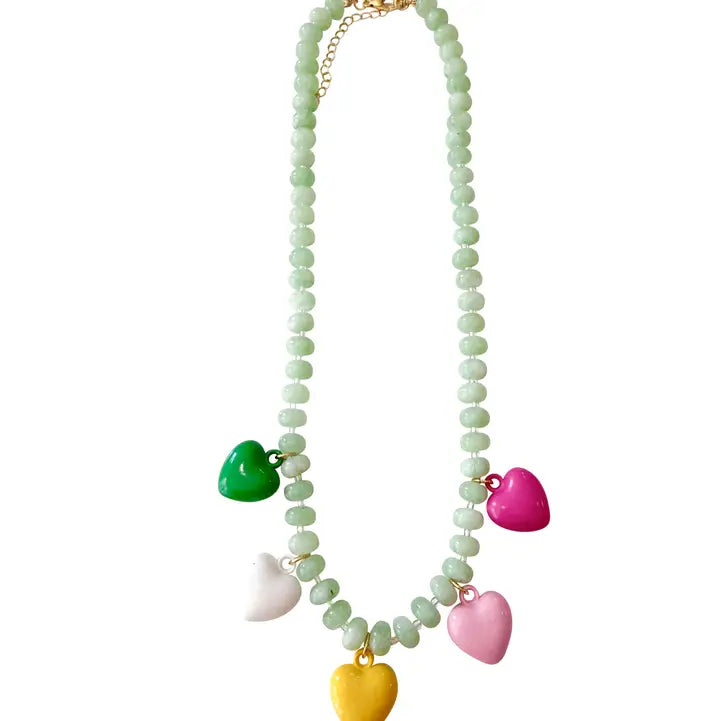 Larissa Green Beaded Necklace with Colorful Heart Charms