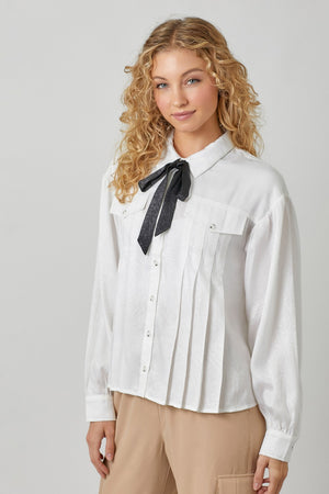 Off White Detachable Tie Neck Pleat Top