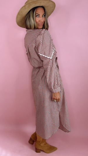 Burgundy Gingham Scallop Trim Midi Dress