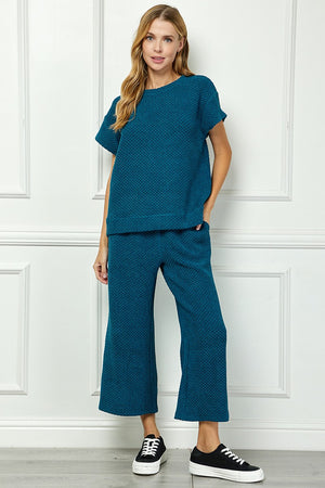 Teal Textured Short Sleeve and Cropped Pants Set (SMALL)