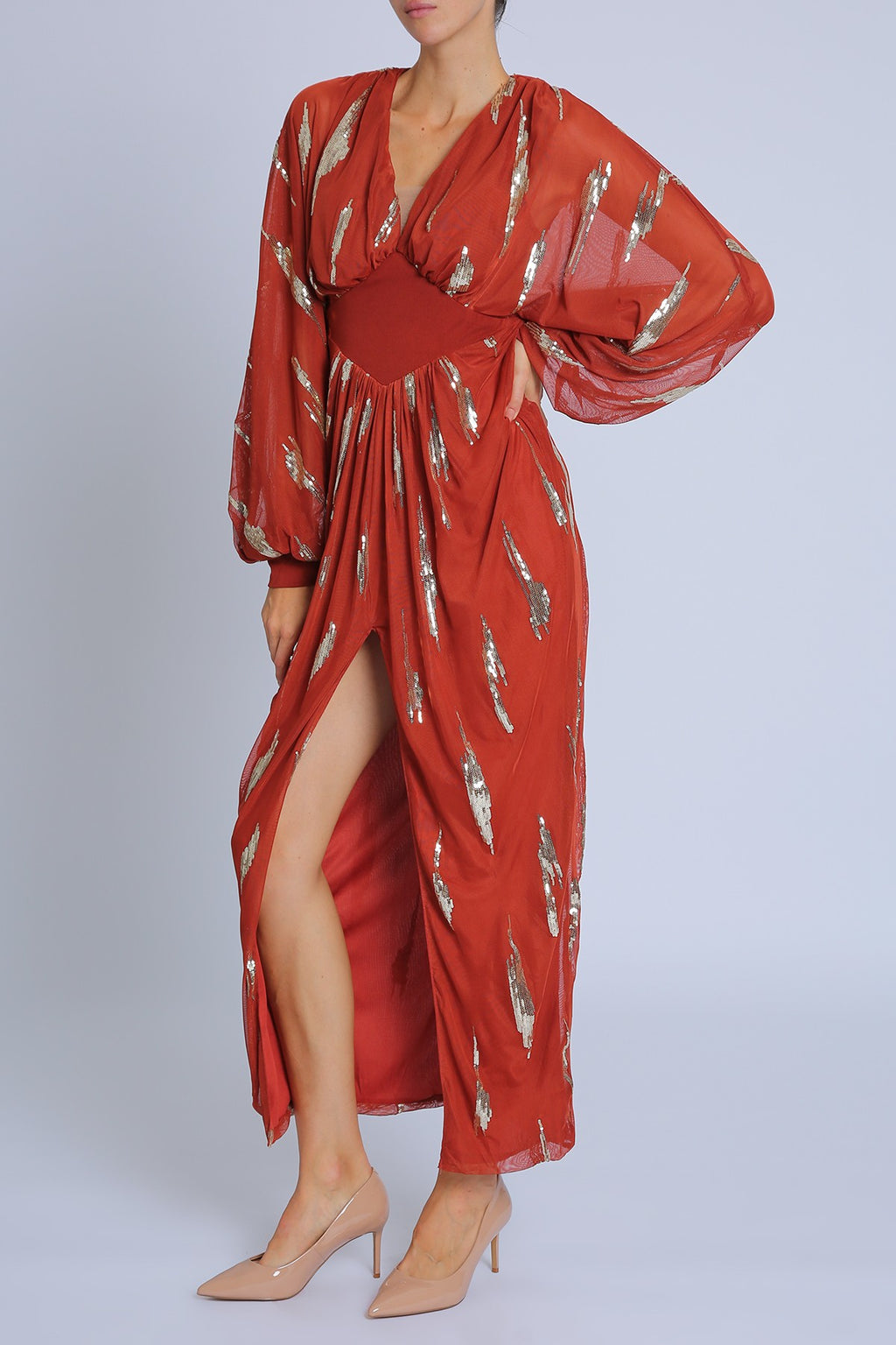 Copper Sequin Detail Slit Midi Dress