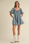Denim Puff Sleeve Babydoll Relaxed Fit Romper