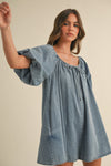 Denim Puff Sleeve Babydoll Relaxed Fit Romper