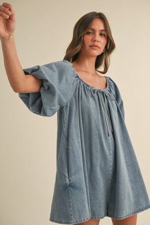 Denim Puff Sleeve Babydoll Relaxed Fit Romper