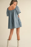 Denim Puff Sleeve Babydoll Relaxed Fit Romper