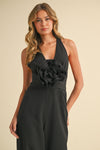 Black Rosette Plunged Neckline Open Back Jumpsuit