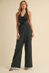 Black Rosette Plunged Neckline Open Back Jumpsuit