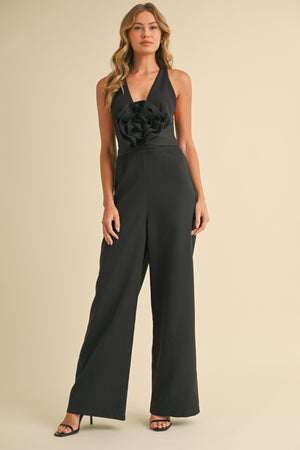 Black Rosette Plunged Neckline Open Back Jumpsuit