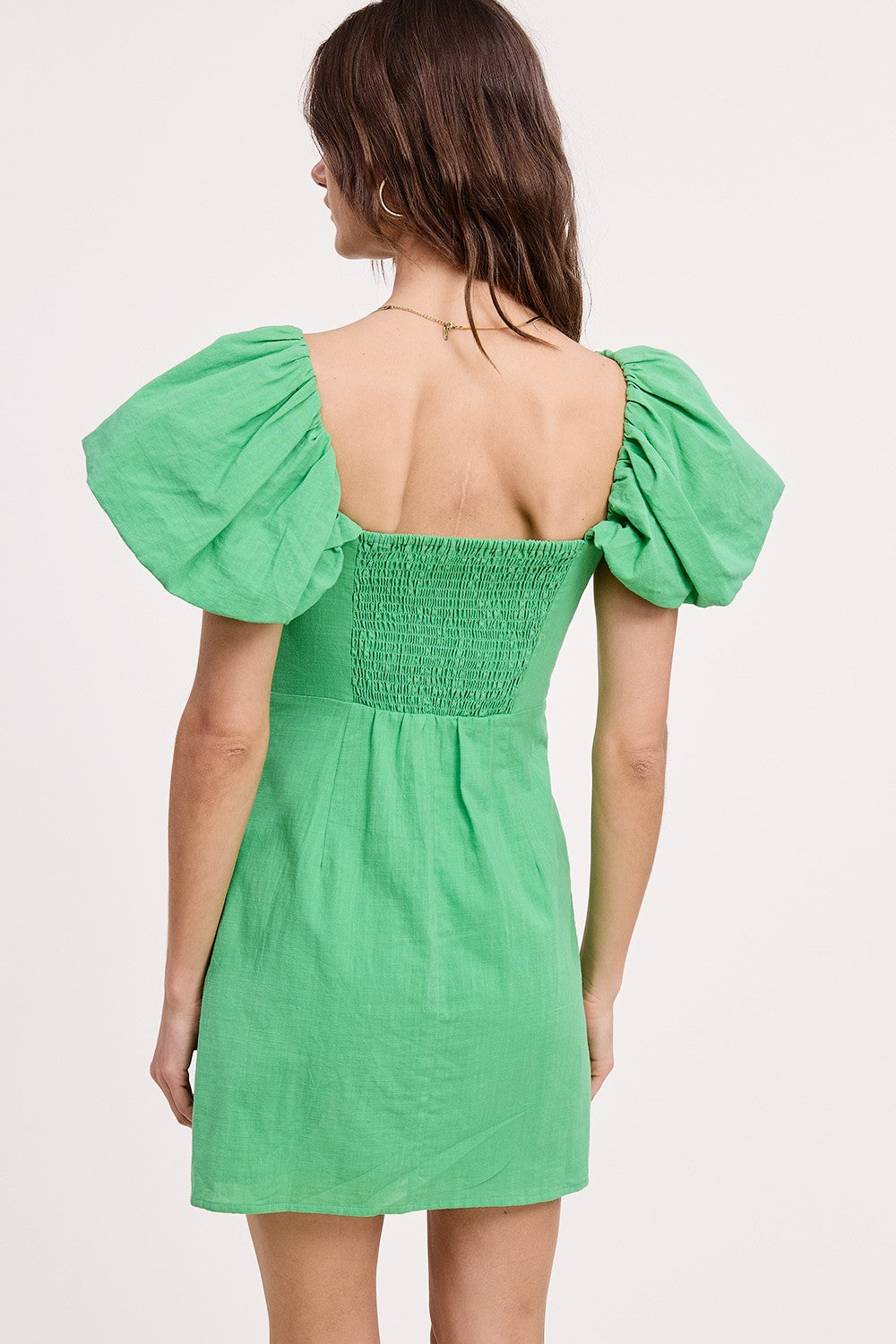 Green Off-Shoulder Embroidered Linen Mini Dress