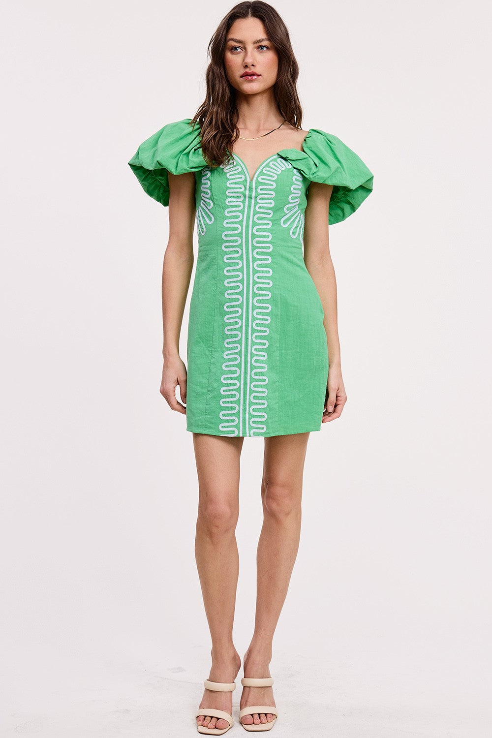 Green Off-Shoulder Embroidered Linen Mini Dress