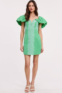 Green Off-Shoulder Embroidered Linen Mini Dress
