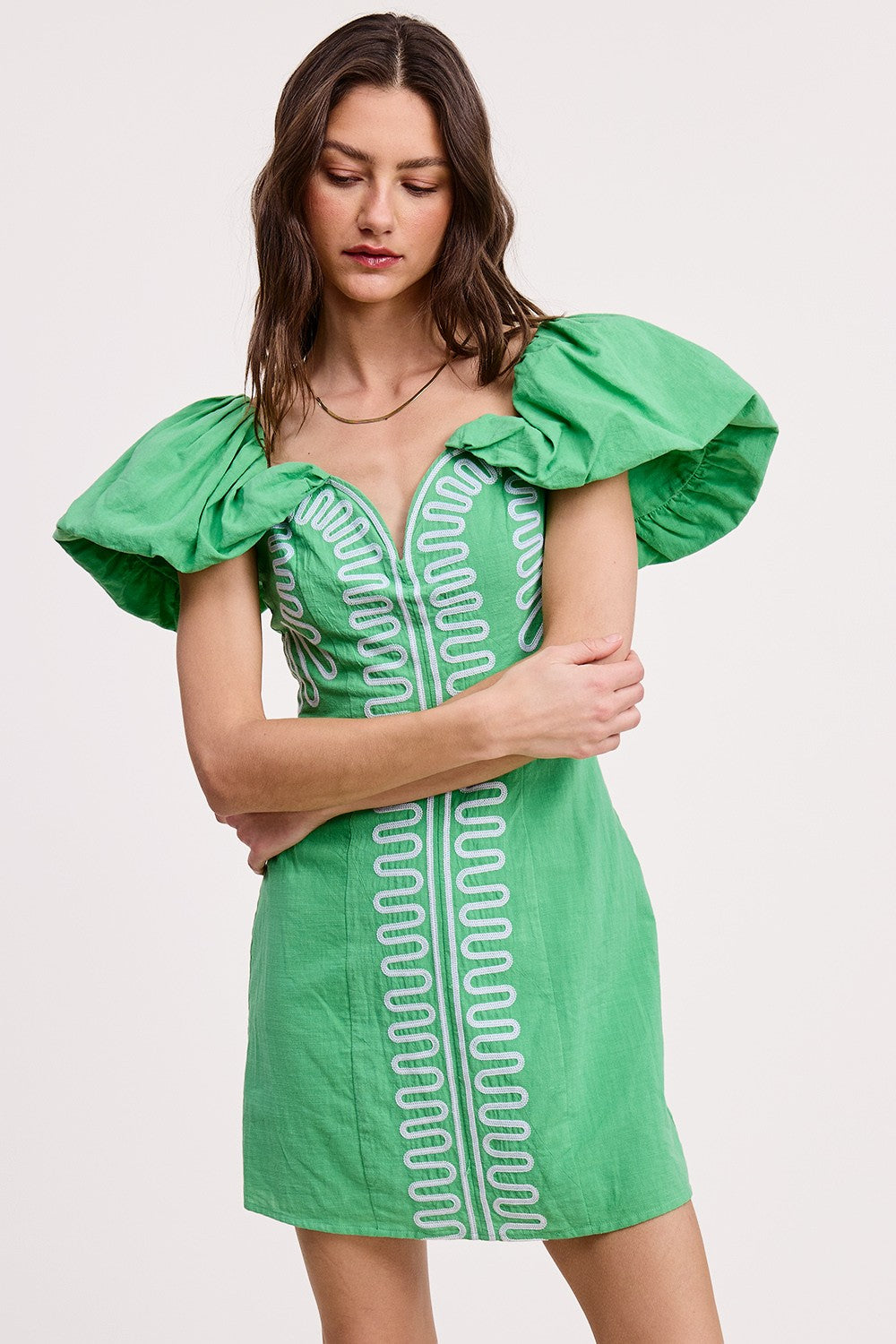 Green Off-Shoulder Embroidered Linen Mini Dress