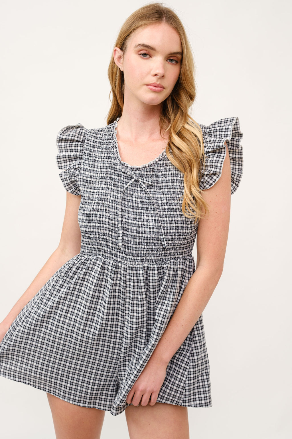 Black Gingham Smocked Romper