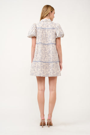 Blue and White Floral Print Puff Sleeve Shirt Dress