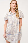 Blue and White Floral Print Puff Sleeve Shirt Dress