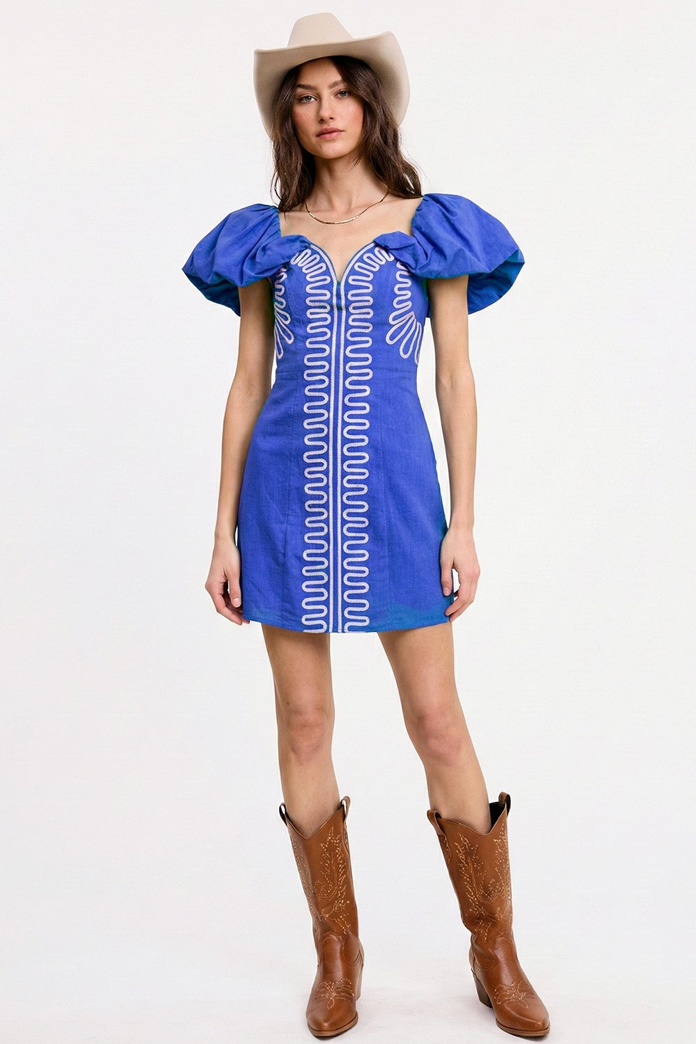 Blue Off-Shoulder Embroidered Linen Mini Dress