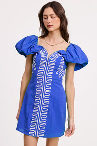 Blue Off-Shoulder Embroidered Linen Mini Dress