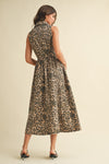 Leopard Denim Notched Collar Midi Dress