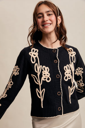 Black Flower Embroidered Contrast Cardigan (1 LARGE)