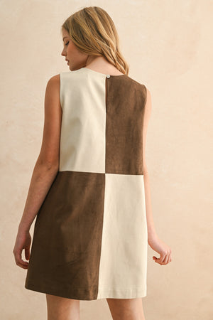 Brown and Ecru Suede Color Contrasted Shift Dress