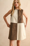 Brown and Ecru Suede Color Contrasted Shift Dress