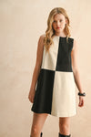 Black and Ecru Suede Color Contrasted Shift Dress