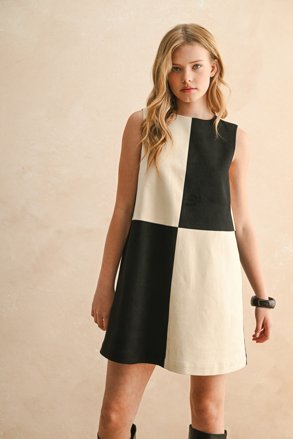 Black and Ecru Suede Color Contrasted Shift Dress