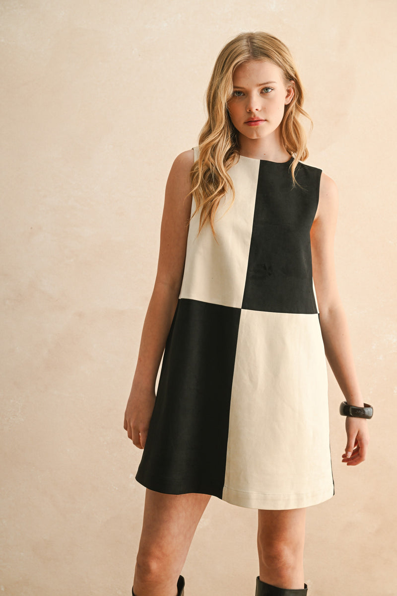 Black and Ecru Suede Color Contrasted Shift Dress