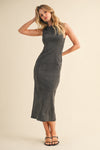 Charcoal Suede Sleeveless Back Slit Midi Dress