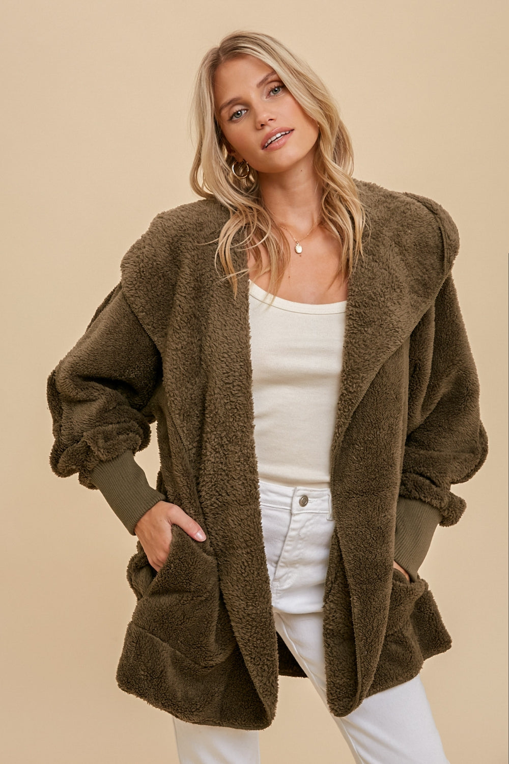 Olive Fuzzy One Size Hooded Sherpa