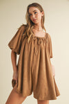 Mocha Suede Puff Sleeve Relaxed Fit Babydoll Romper