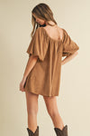 Mocha Suede Puff Sleeve Relaxed Fit Babydoll Romper