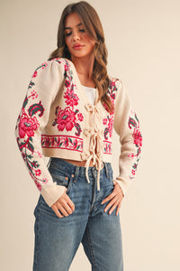 Floral Knit Tie Cropped Sweater Cardigan in Ivory (1 LARGE)