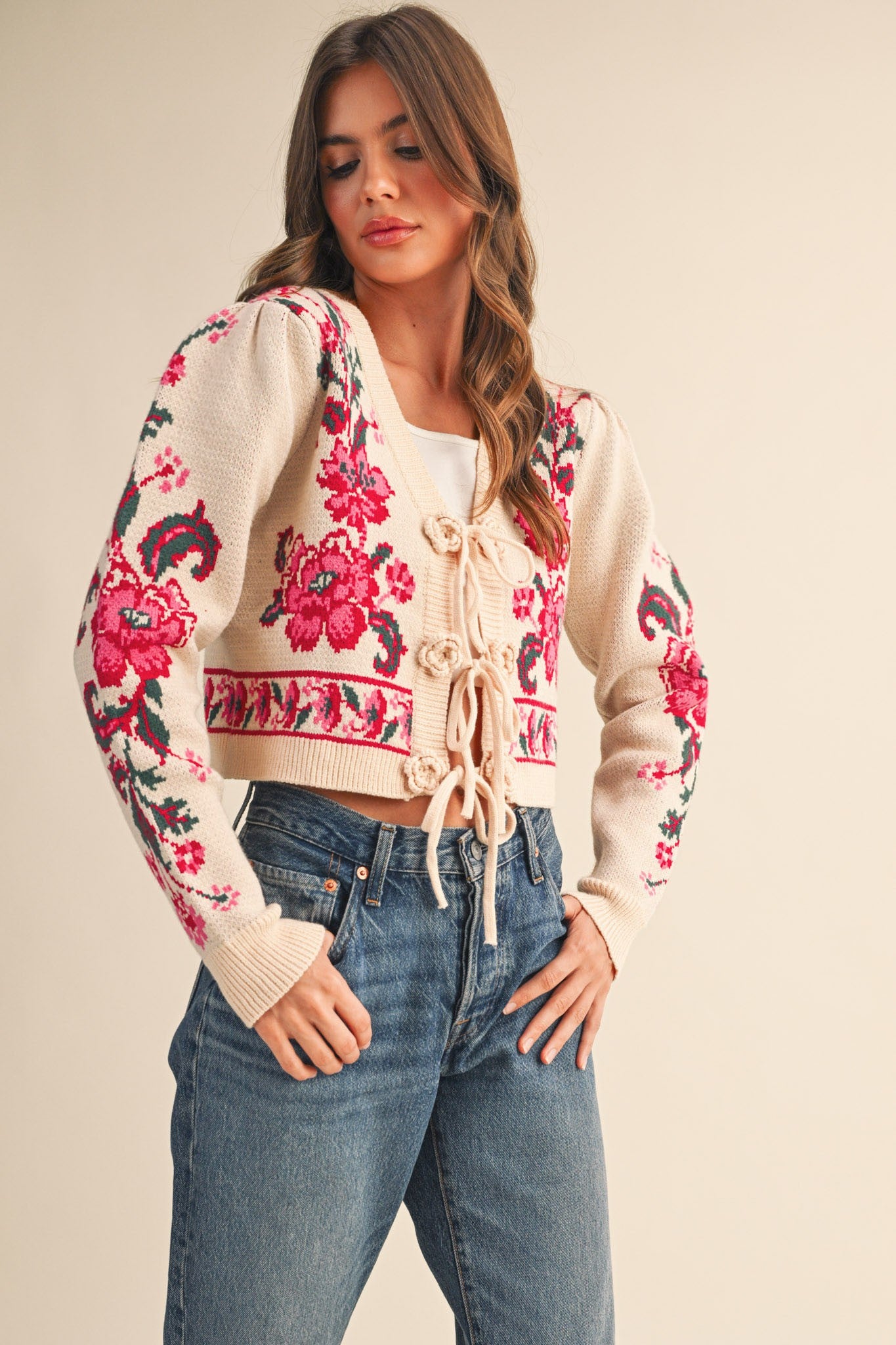 Floral Knit Tie Cropped Sweater Cardigan in Ivory (1 LARGE)