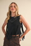 Black Sleeveless Studded Suede Top With Fringe