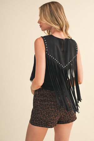 Black Sleeveless Studded Suede Top With Fringe