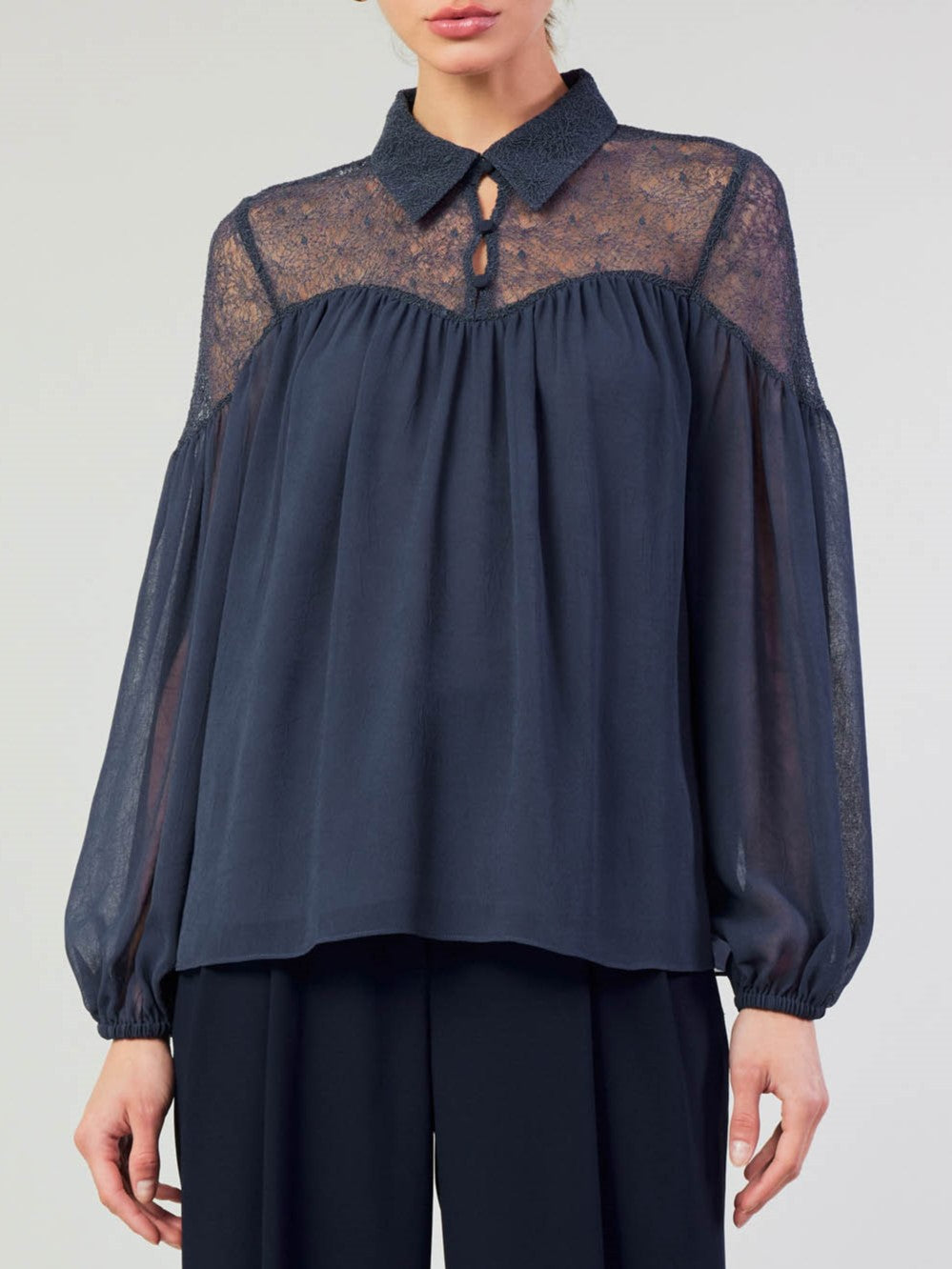 Current Air Charcoal Lace Detail Collar Blouse