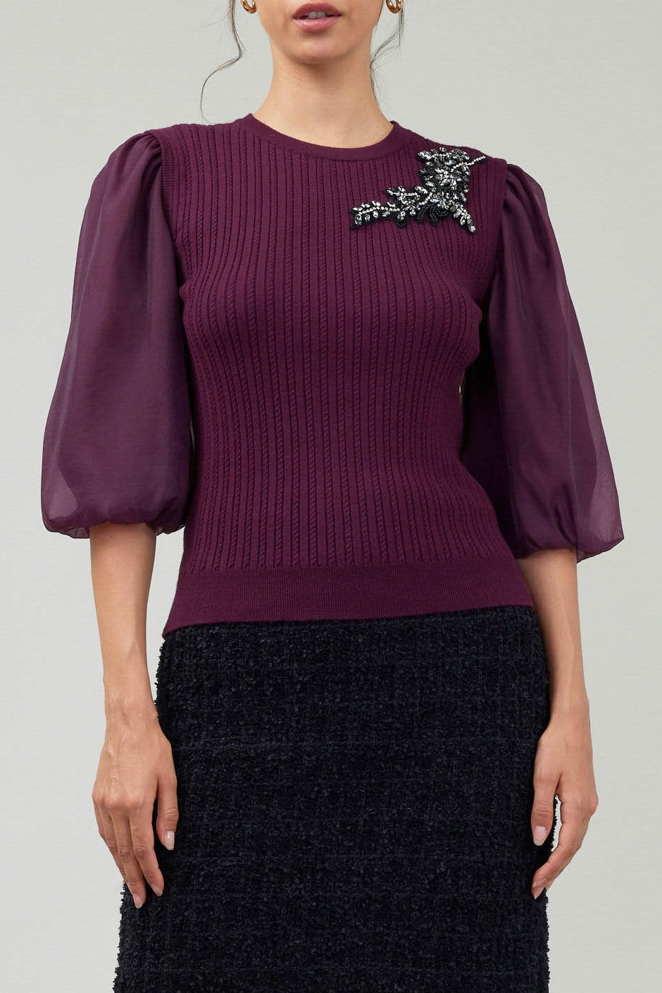 Current Air Burgundy Applique Detail Top