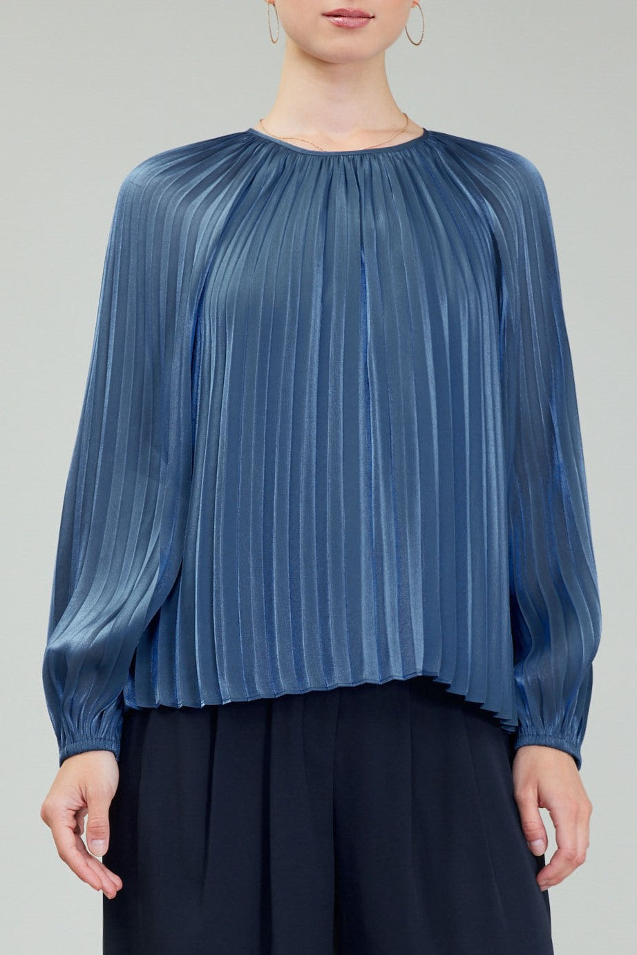 Current Air Blue Pleated Round Neck Top